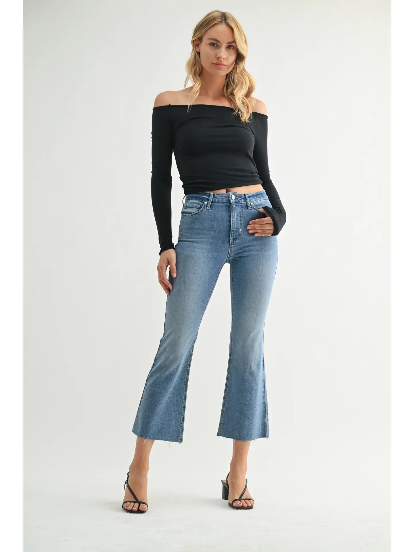 Just Black Denim High Rise Tall Cropped Flare Medium Denim