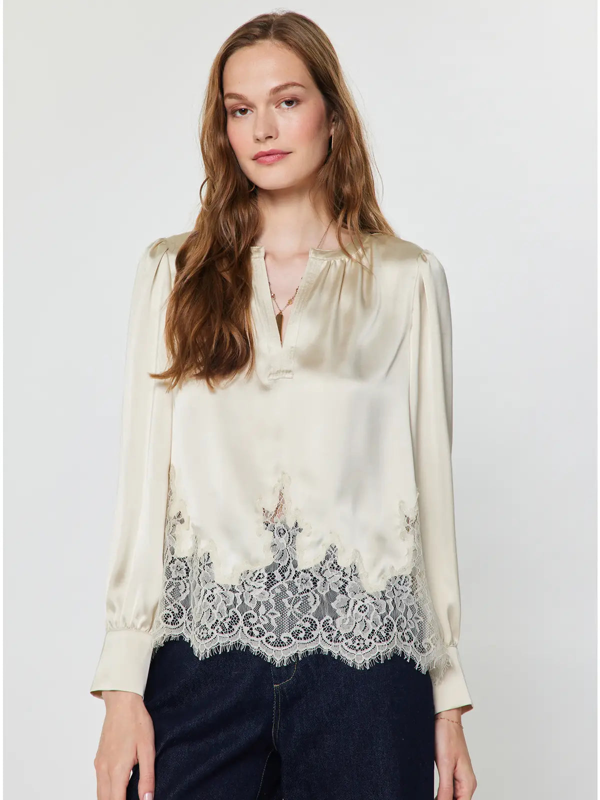 Current Air Lace Hem Satin Blouse