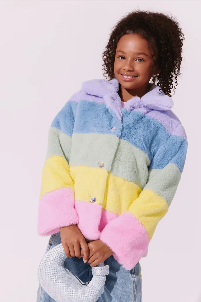 Lola & The Boys Rainbow Stripe Faux Fur Jacket
