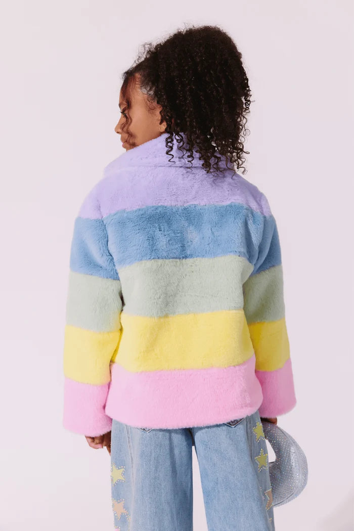 Lola & The Boys Rainbow Stripe Faux Fur Jacket