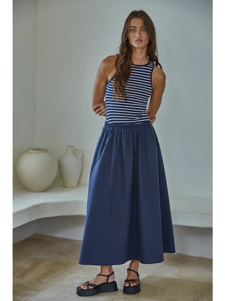 Woven Cotton Striped Round Neck Sleeveless Dress