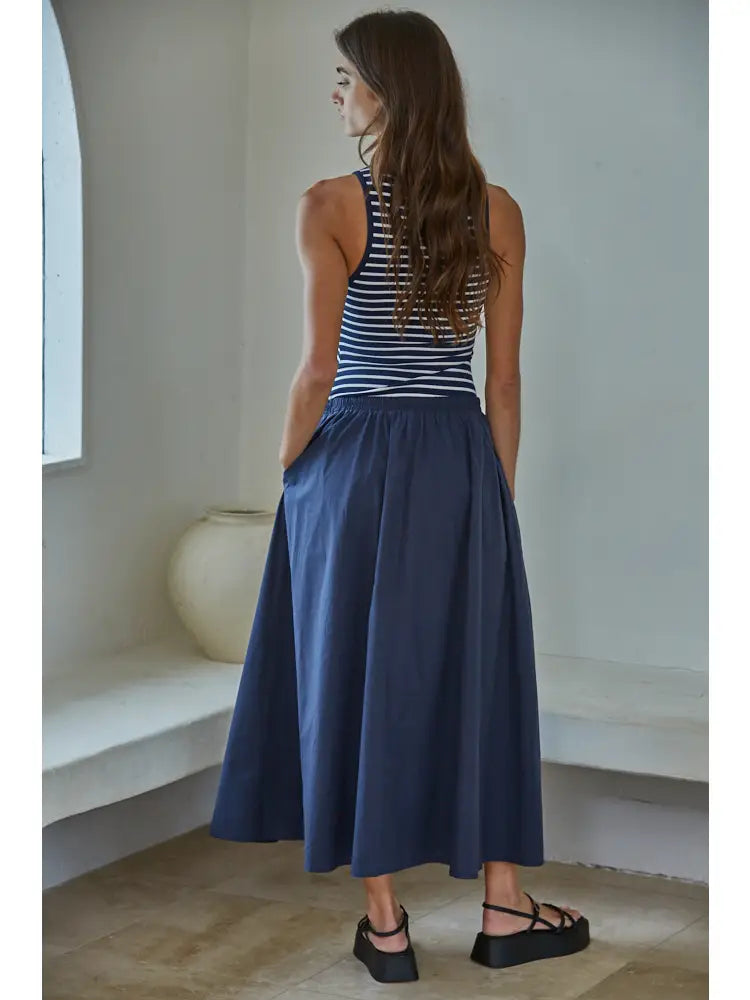 Woven Cotton Striped Round Neck Sleeveless Dress