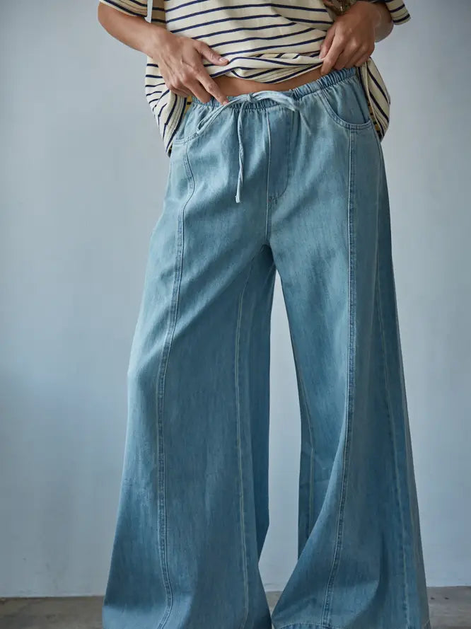 Woven Cotton Denim Wide Leg Pants with Pockets