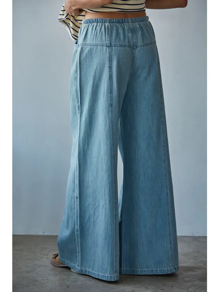 Woven Cotton Denim Wide Leg Pants with Pockets
