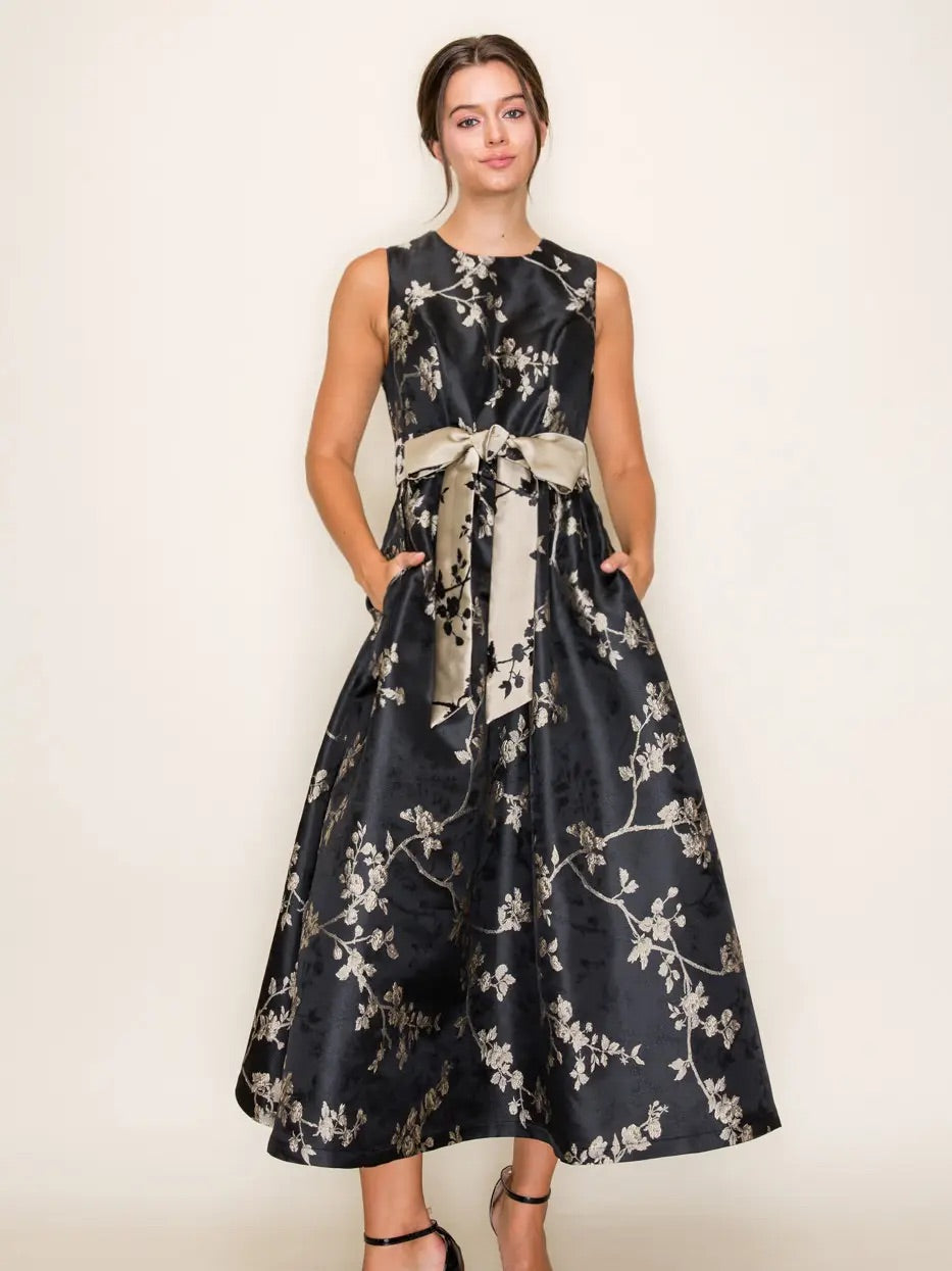 B. Right Apparel Elegant Floral Bow Waist Midi Dress