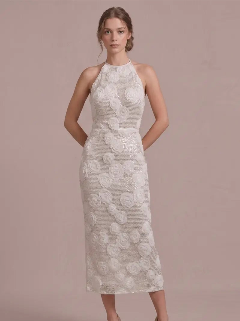 B. Right Apparel Elegant Floral Applique Midi Dress
