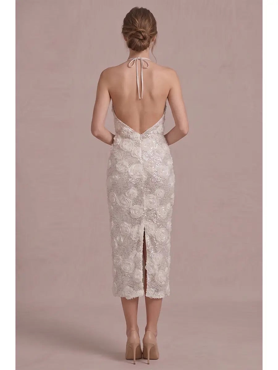 B. Right Apparel Elegant Floral Applique Midi Dress