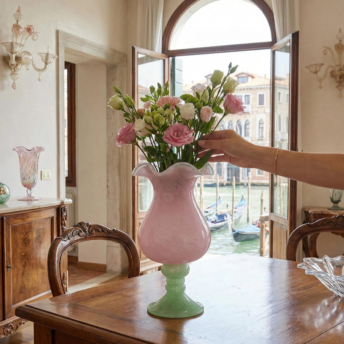 Sunrise Blush Murano Style Ruffled Glass Vase