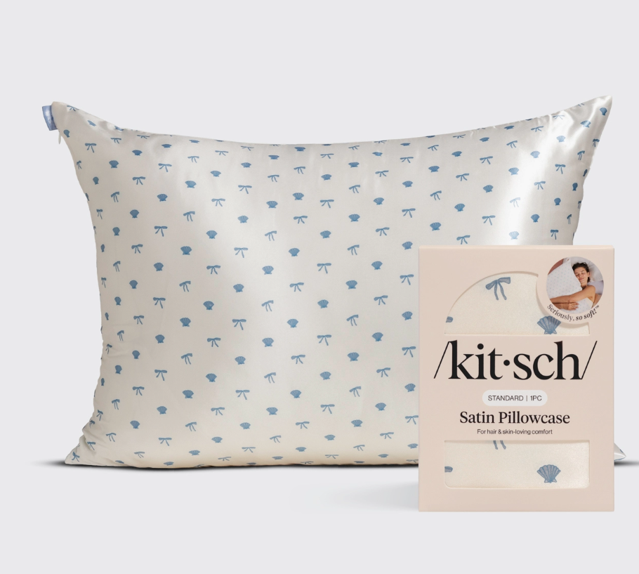Kitsch - Standard Satin Pillowcase - Pearlized Cream & Coastal Blue Print