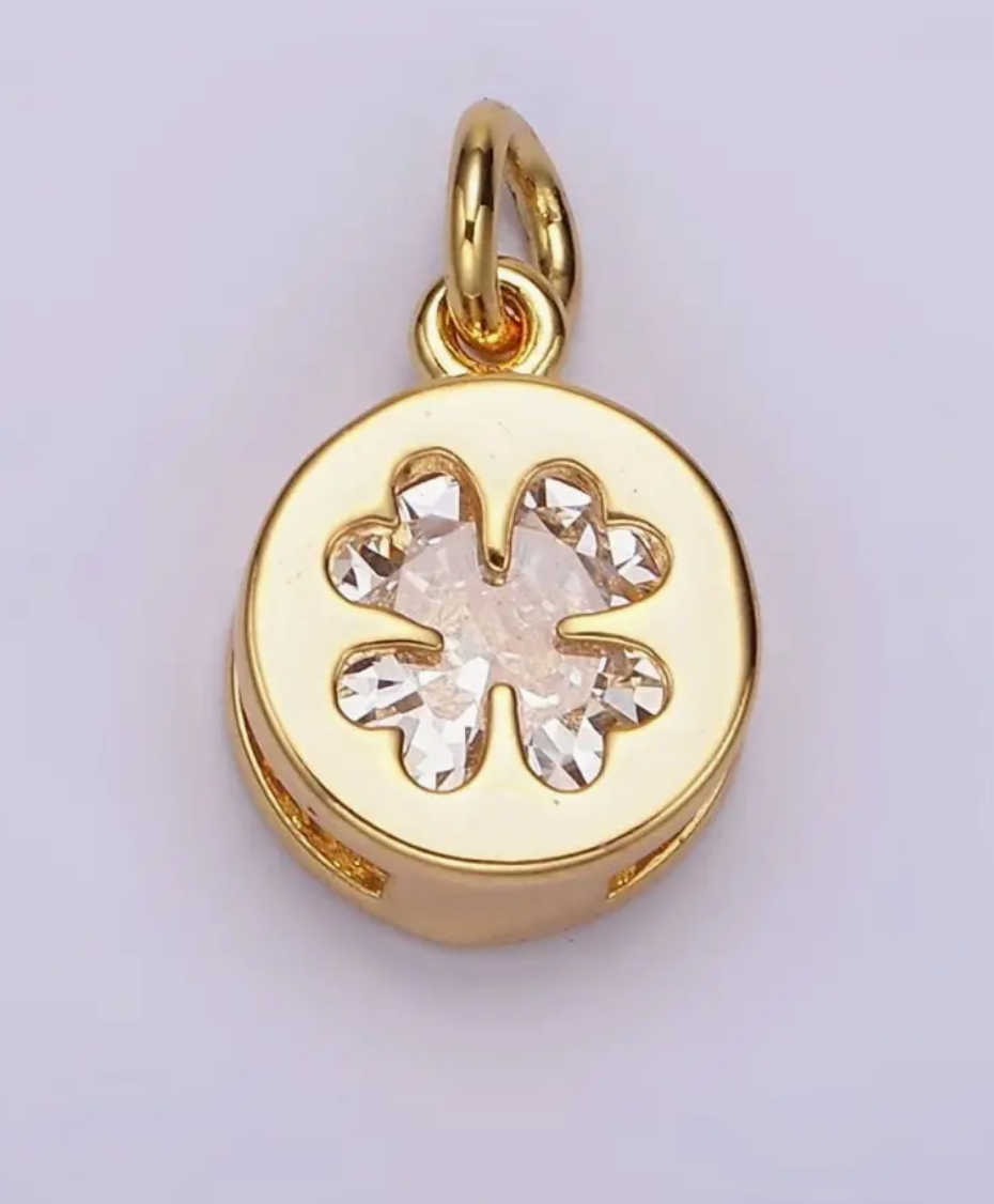 24K Gold Filled Clear Cz Quatrefoil Clover Round Mini Add-On Charm