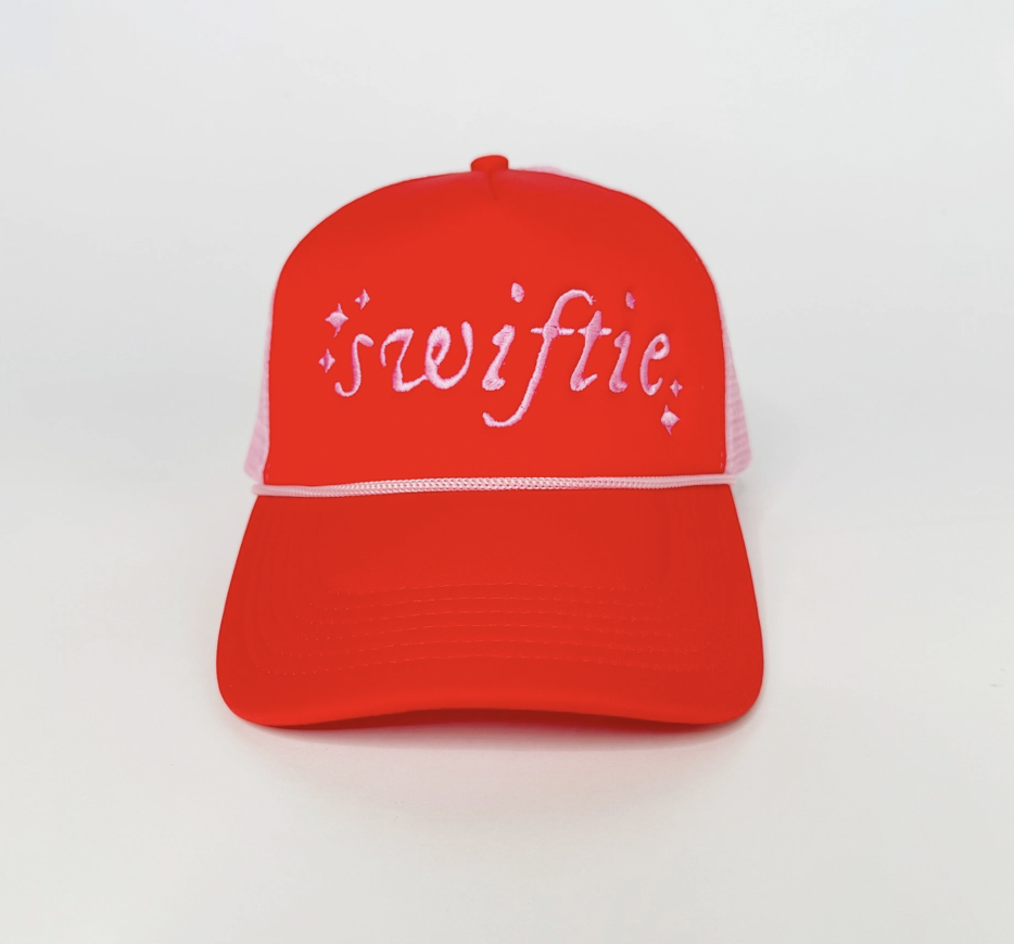 TS Inspired Embroidered Trucker Hat in Red