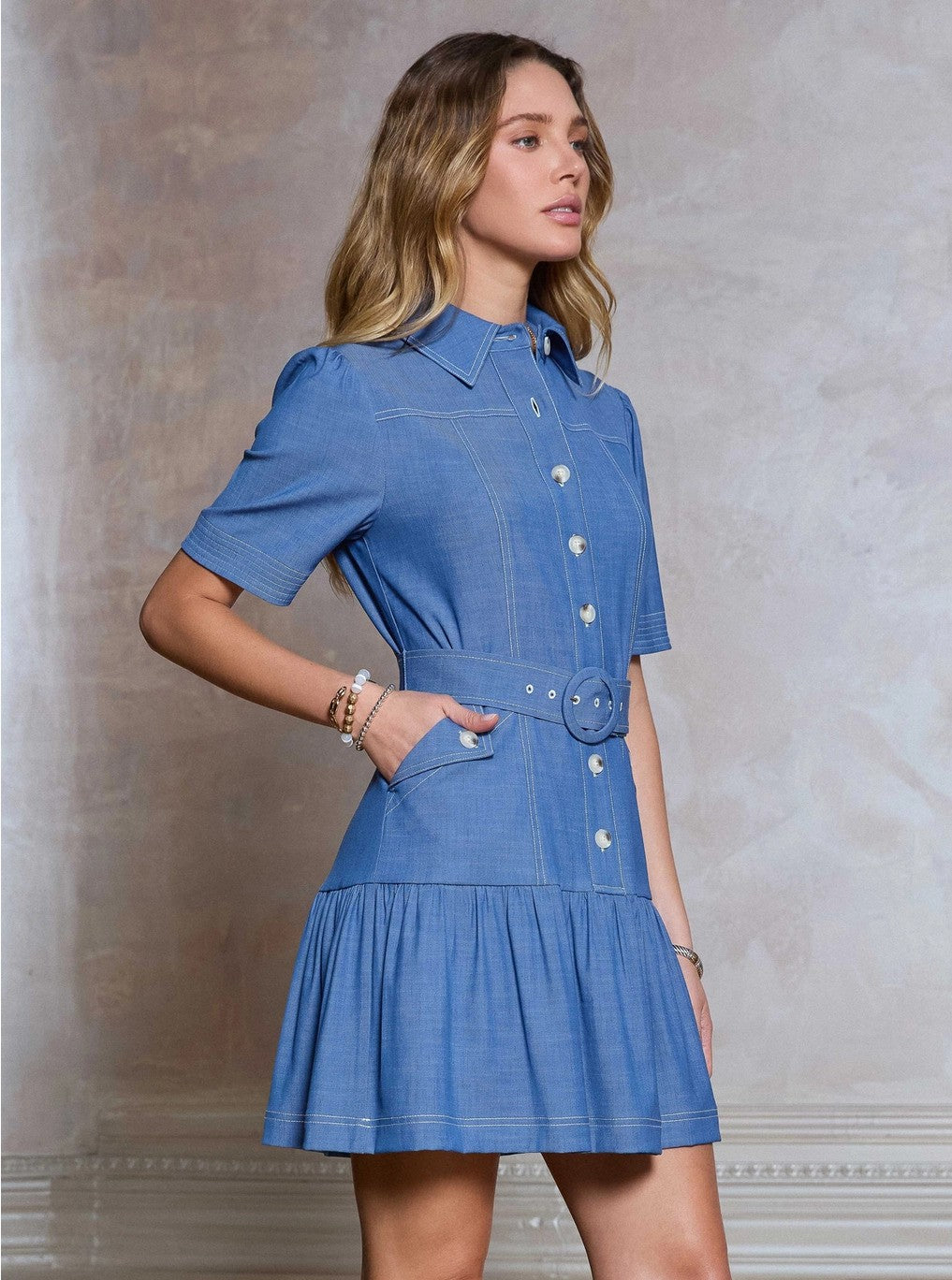 Current Air Shirt Mini Dress w/ O-Ring Buckle Belt
