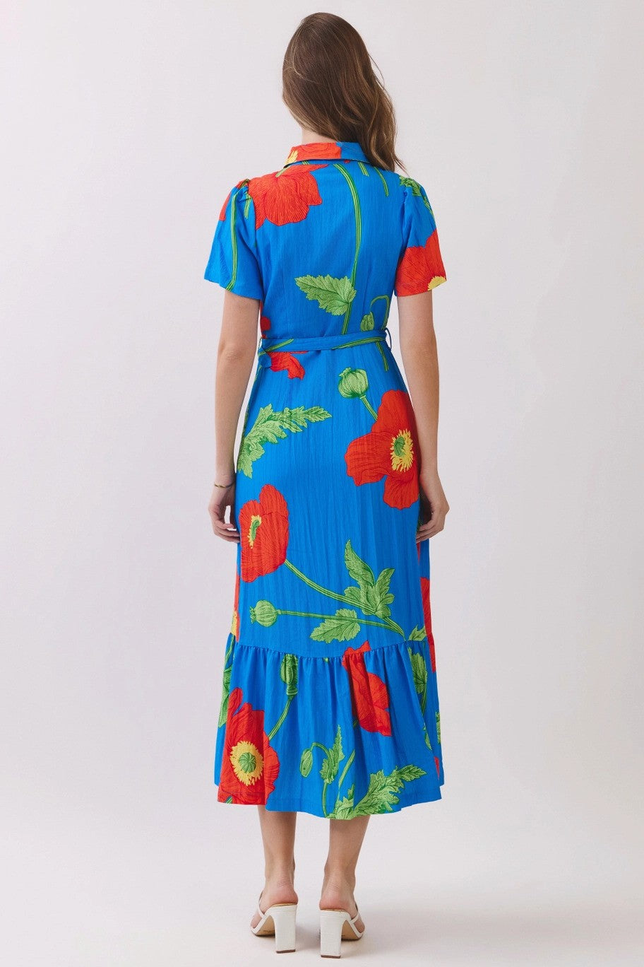 Floral Button Down Belted Shirt Midi Dress
