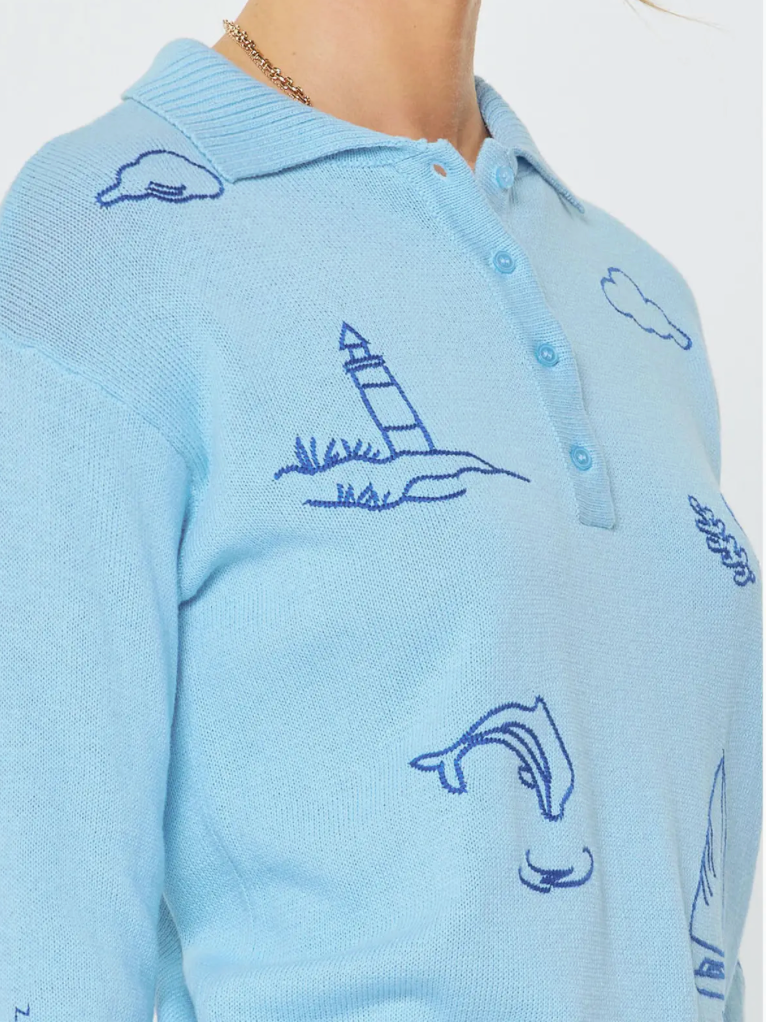 Current Air Nautical Embroidered Long-Sleeve Polo Sweater