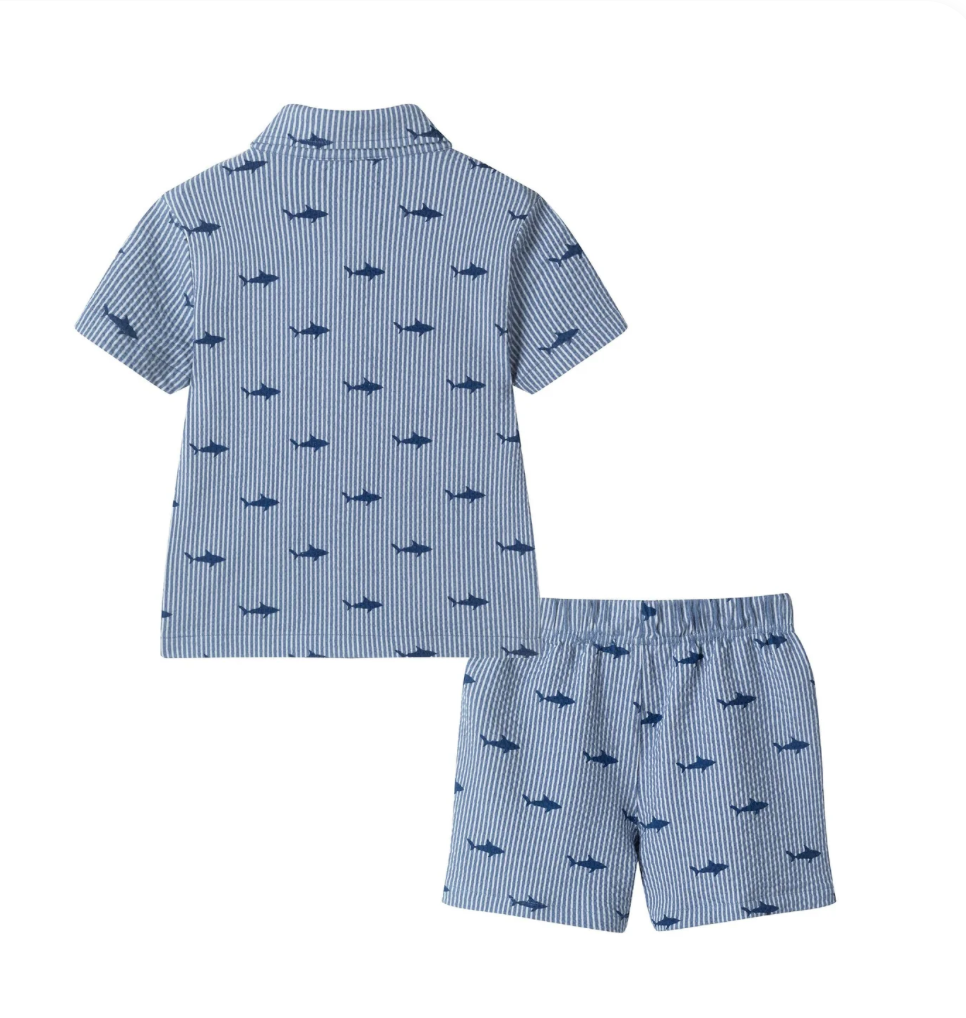 Boys Short Sleeve Cabana Set | Navy Stripe Shark