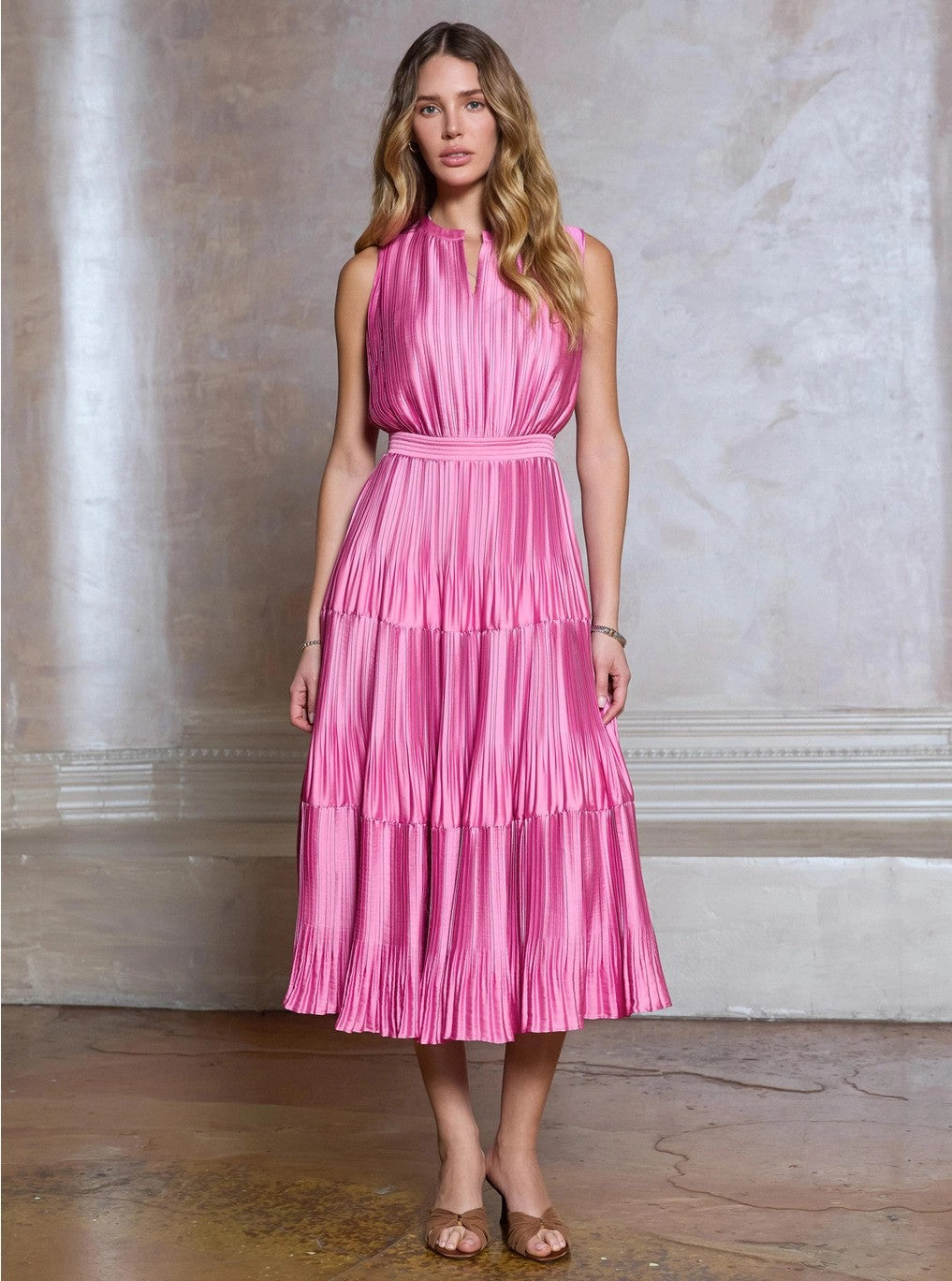 Current Air Pink Pleated Sleeveless Maxi Dress
