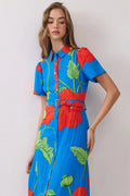 Floral Button Down Belted Shirt Midi Dress