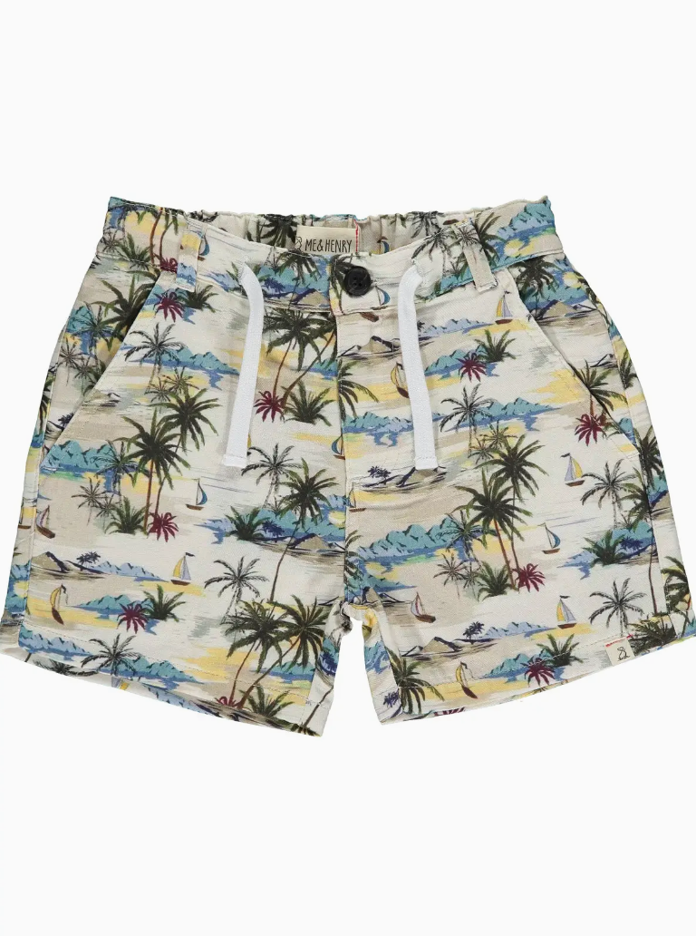 Me & Henry Mahalo Cream & Blue Hawaiian Woven Shorts