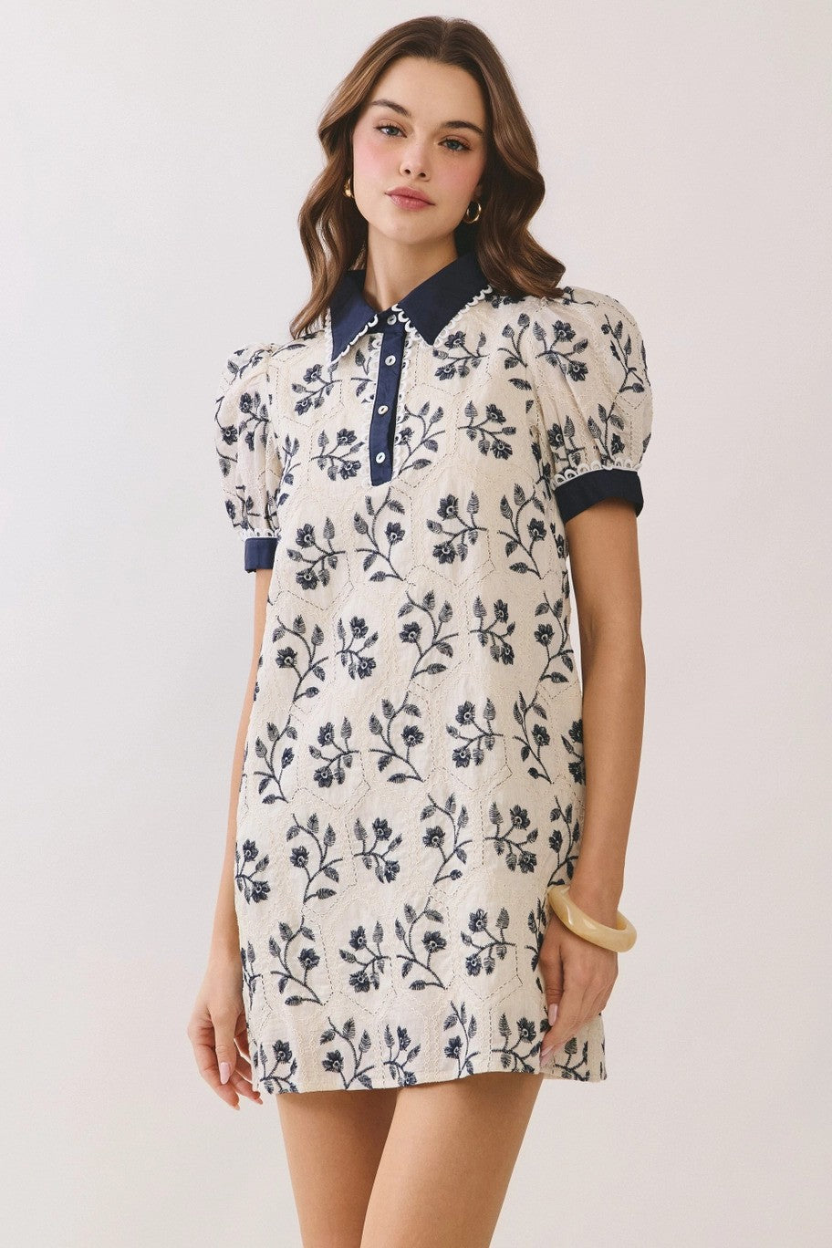 TCEC Geometric Print Floral Puff Sleeve Mini Dress Ivory