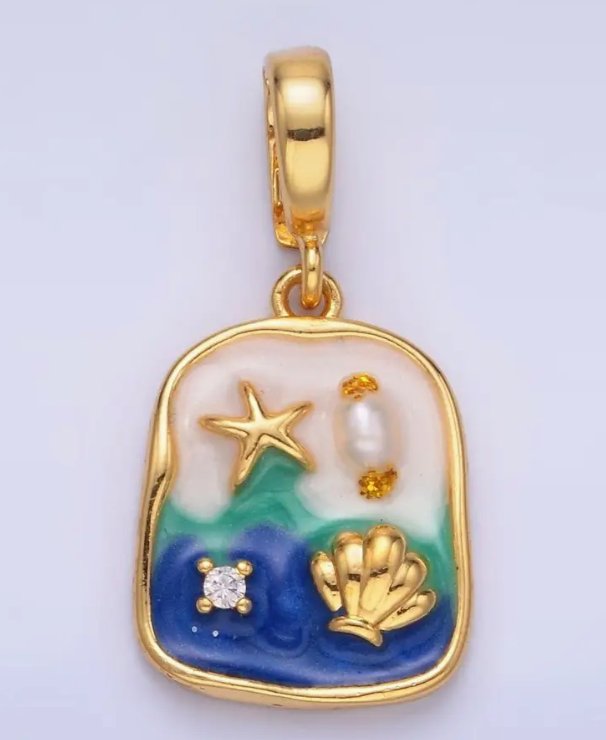 24K Gold Filled Blue Ocean Clam Under the Sea Charm with Snap Bail Pendant