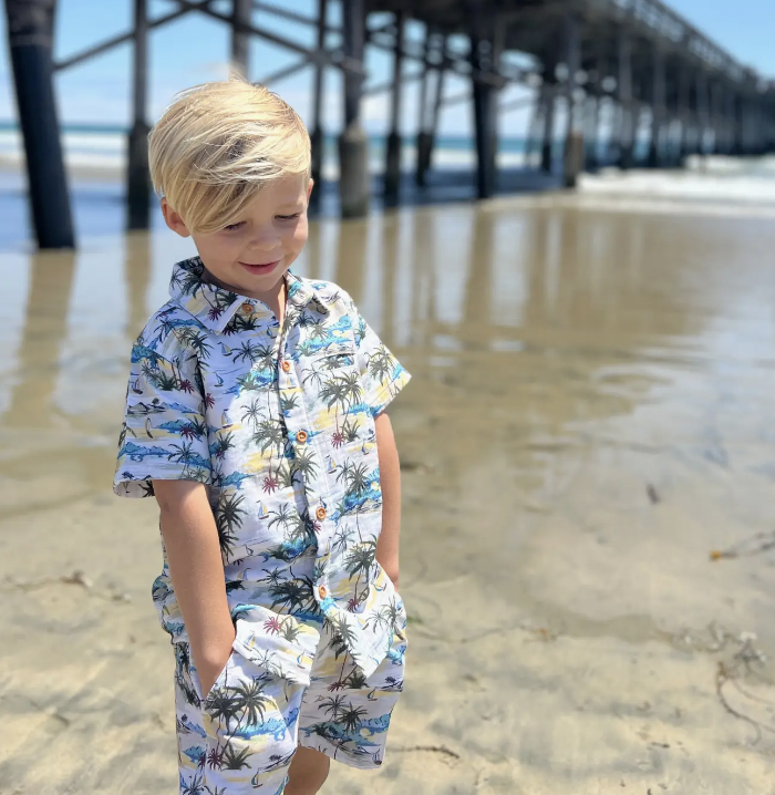 Me & Henry Mahalo Cream & Blue Hawaiian Woven Shorts