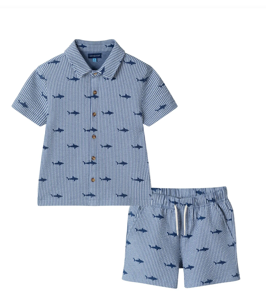 Boys Short Sleeve Cabana Set | Navy Stripe Shark