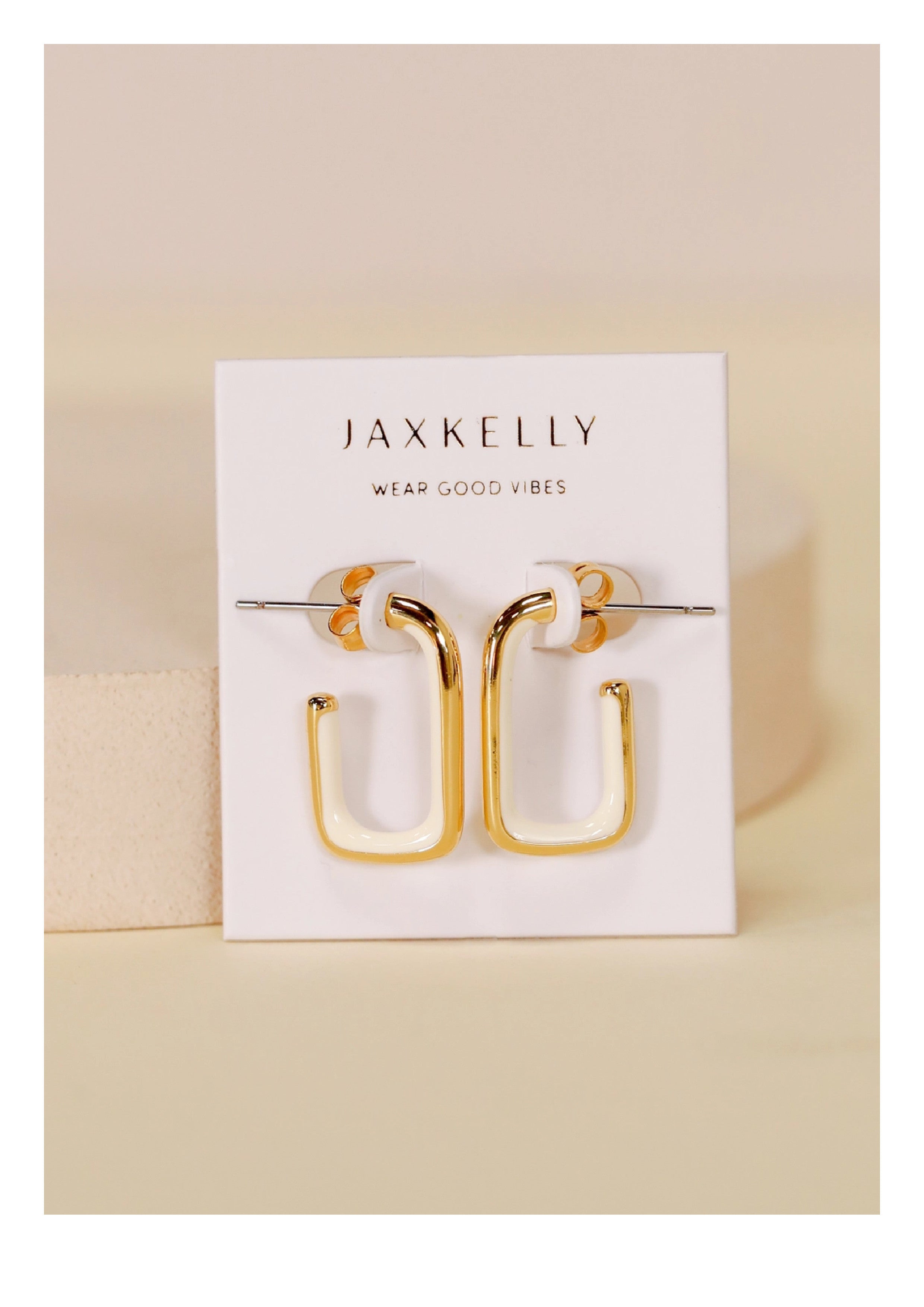 JaxKelly Cream Enamel Large Rectangle Gold Hoop Earrings