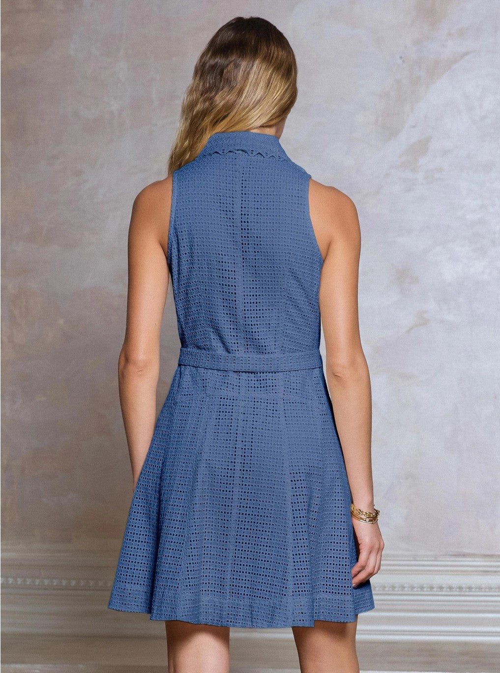 Current Air Eyelet Embroidery Sleeveless Shirt Mini Dress Indigo