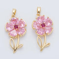 18K Gold Filled Pink, Clear Cz Flower Plant Pendant