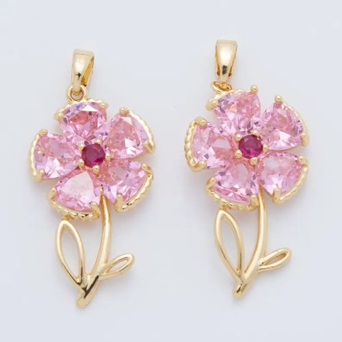 18K Gold Filled Pink, Clear Cz Flower Plant Pendant