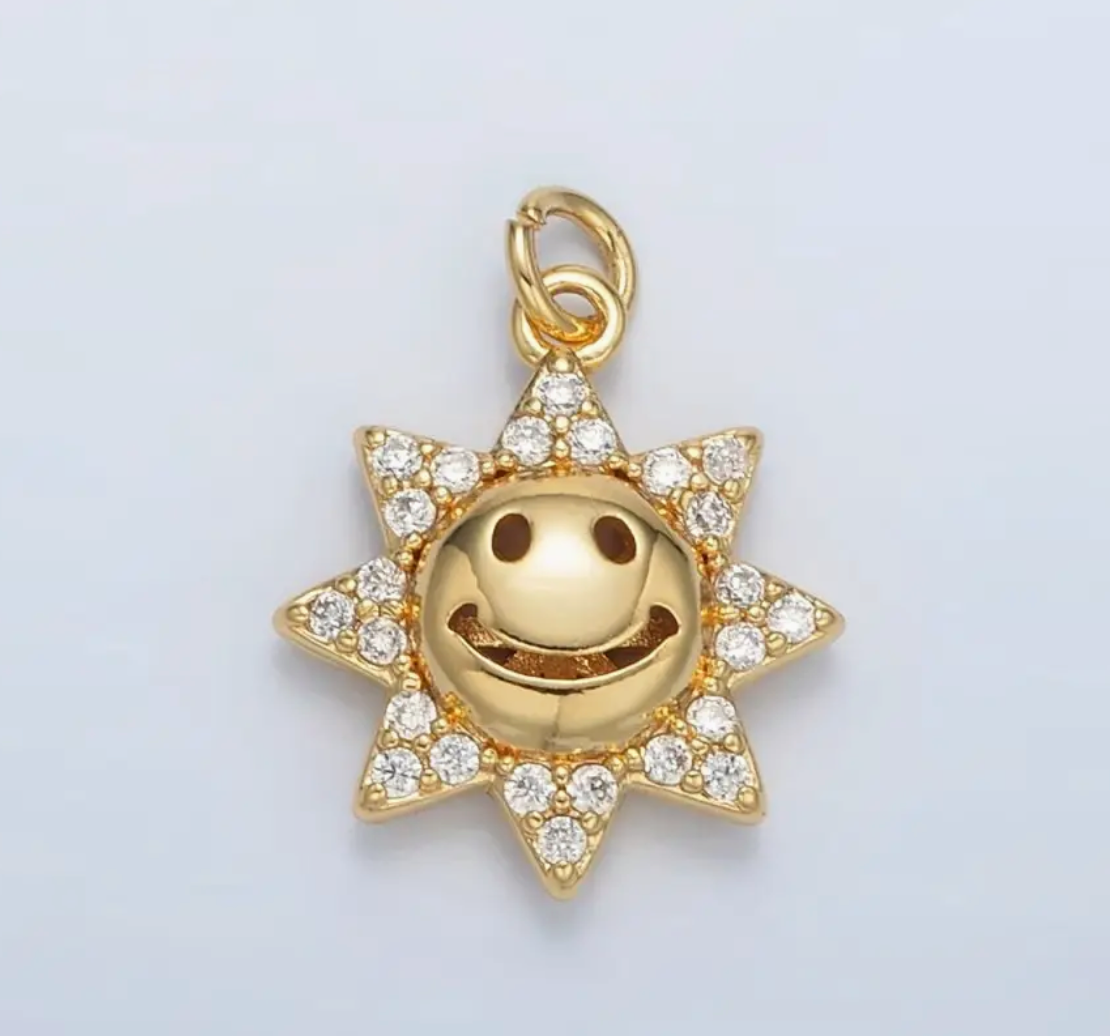 24K Gold Filled Cute Smiley Faced Cz Sunshine Charm