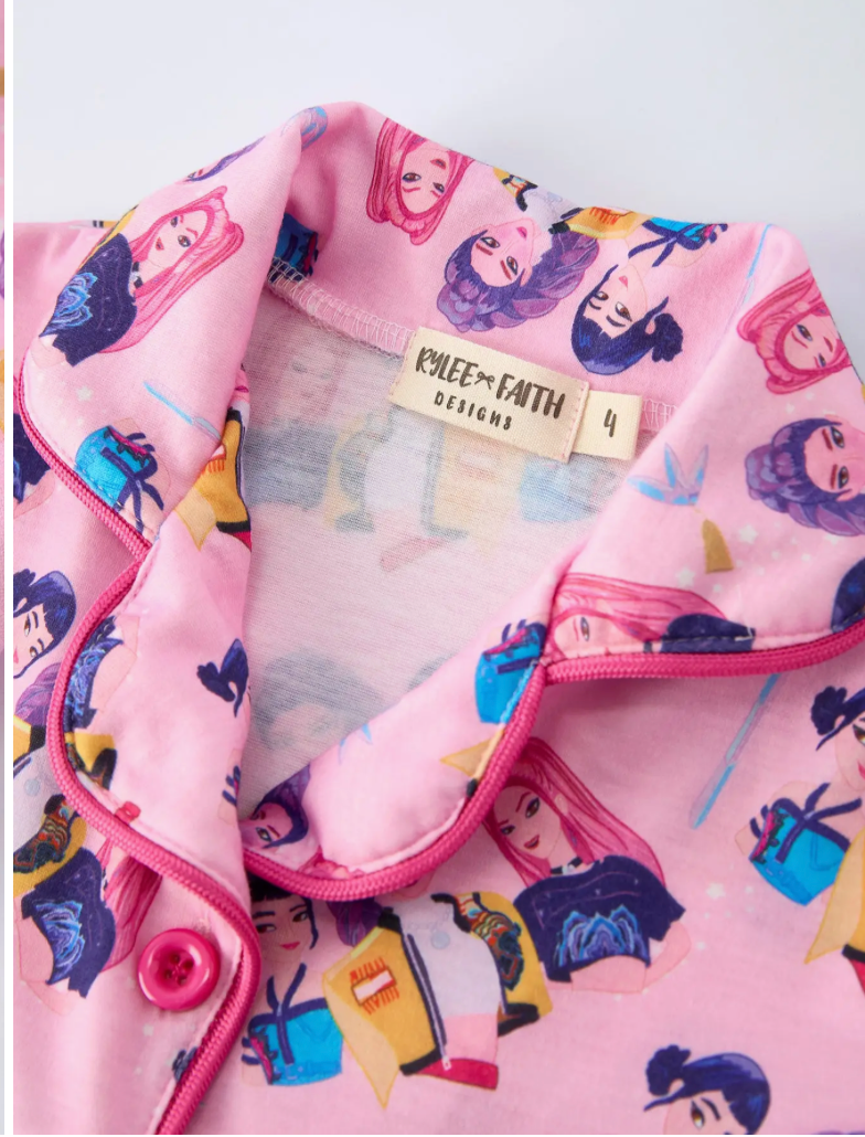 KPop Demon Hunters Pink Star Print Short Sleeve Girl Pajama Set