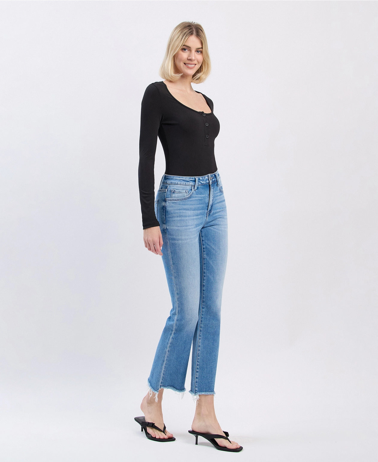 Flying Monkey High Rise Slant Raw Hem Crop Flare Jeans