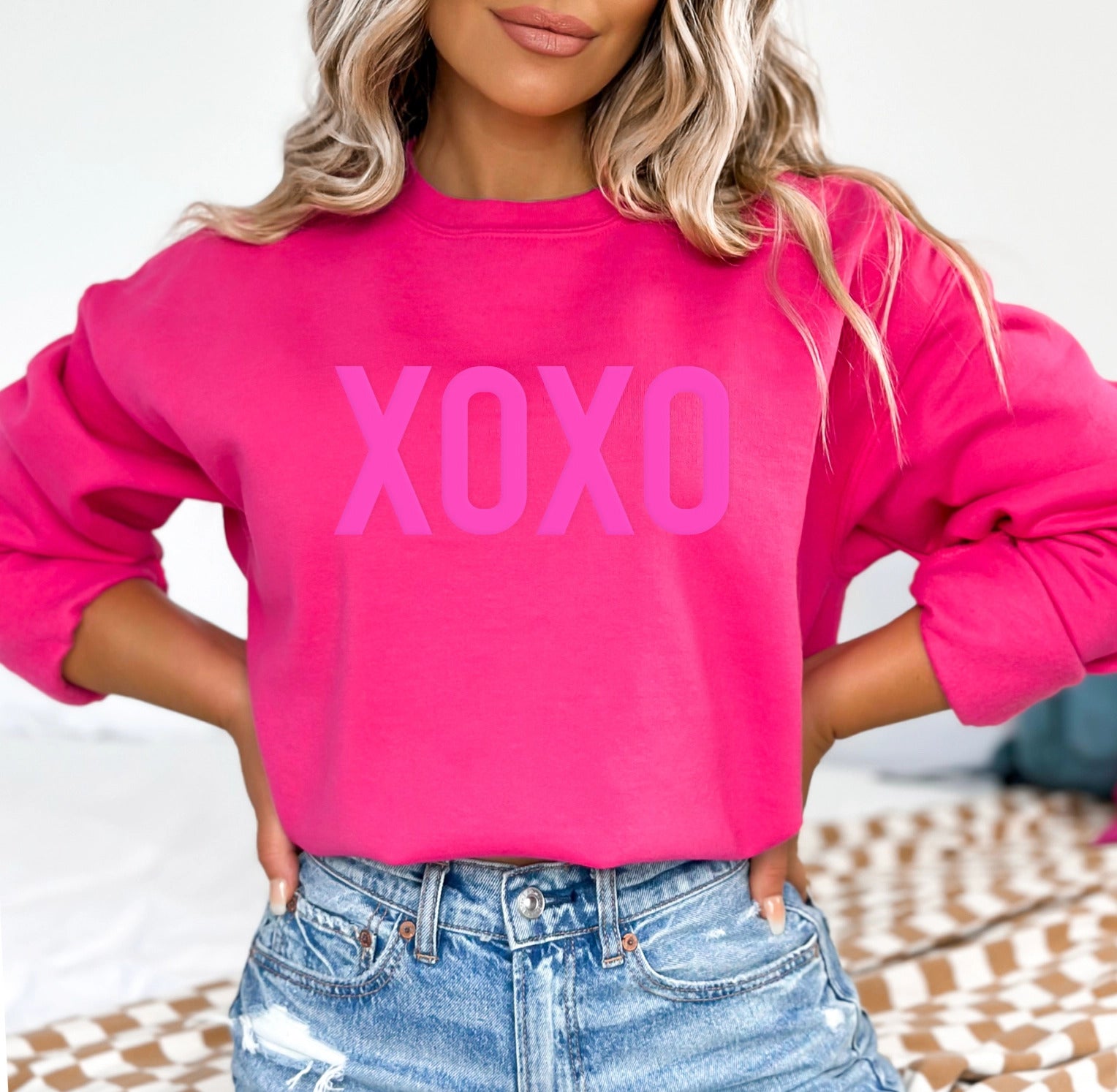 Xoxo Pink Embossed Puff Valentines Day Sweatshirt