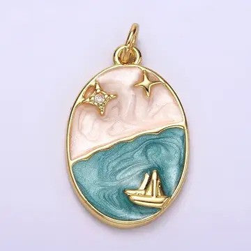 14K Gold Filled Boat Ocean Celestial Star Night Sky Sparkly Enamel Oval Charm