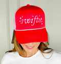 TS Inspired Embroidered Trucker Hat in Red