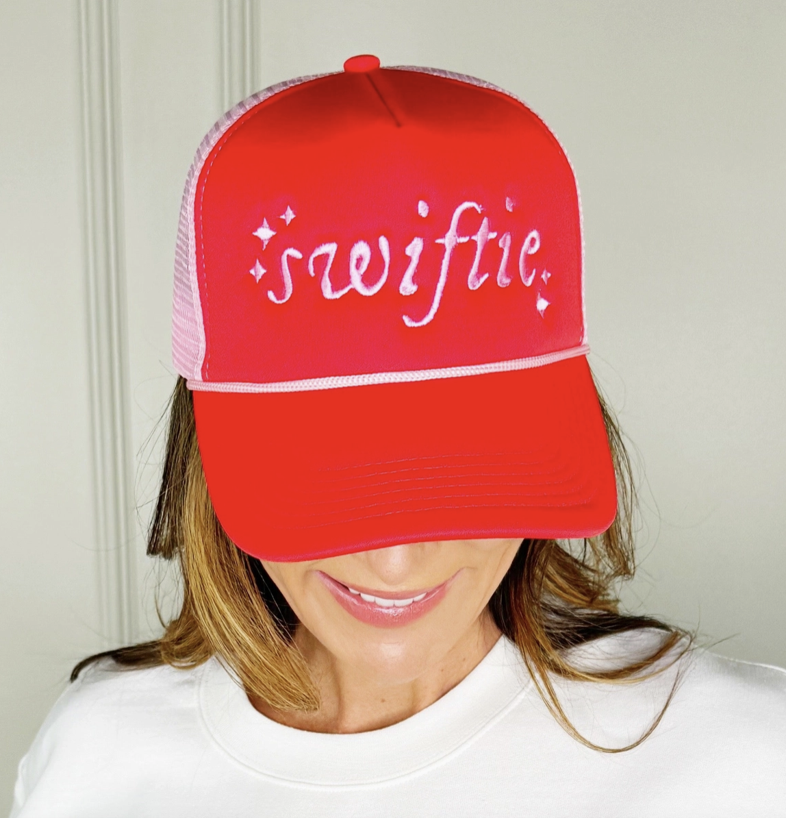 TS Inspired Embroidered Trucker Hat in Red