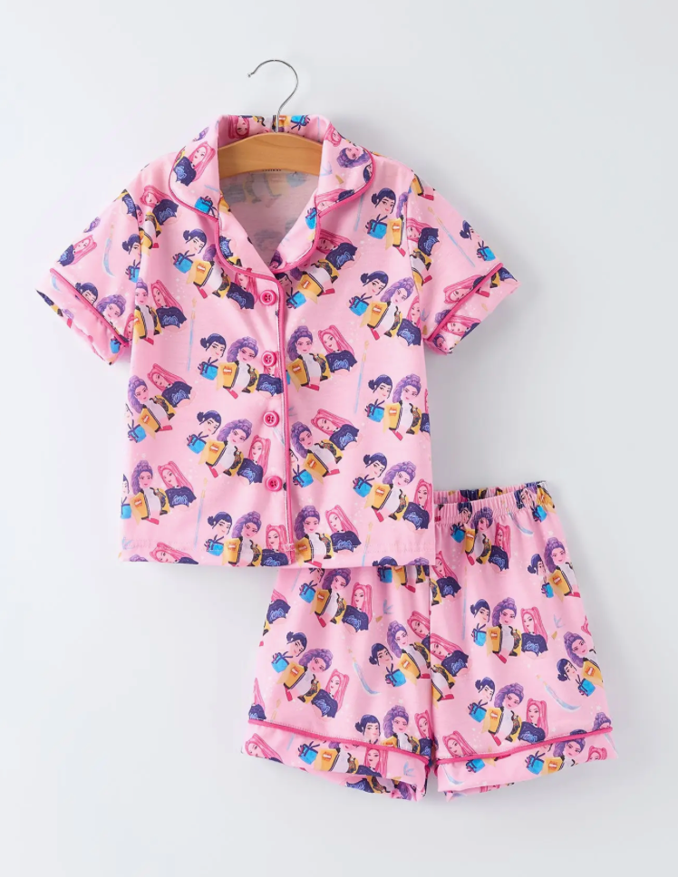 KPop Demon Hunters Pink Star Print Short Sleeve Girl Pajama Set