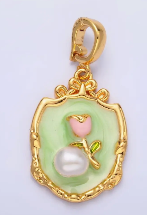 24K Gold Filled Green Pink Rose Flower with Pearl Snap Bail Pendant