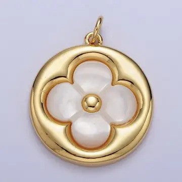 Gold Shell Pearl Lucky Clover Flower Round Charm