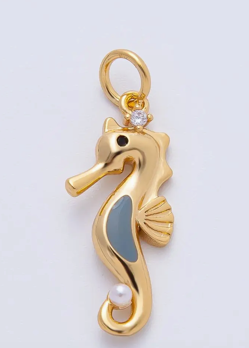 18K Gold Filled 26mm Shell Pearl Cz Grey Seahorse Animals Charm