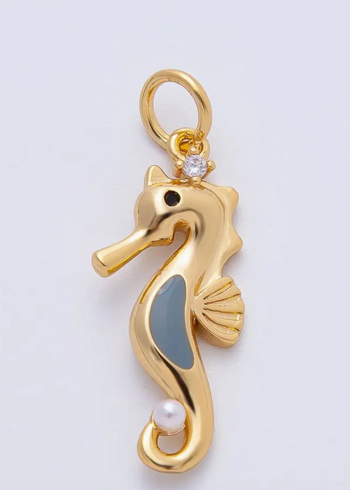 18K Gold Filled 26mm Shell Pearl Cz Grey Seahorse Animals Charm