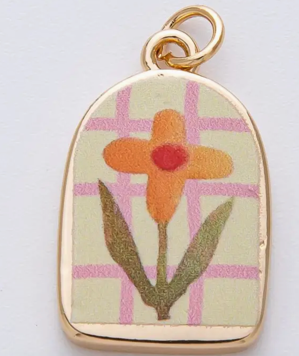 18K Gold Filled 23mm Orange Flower Green Pink Enamel Charm