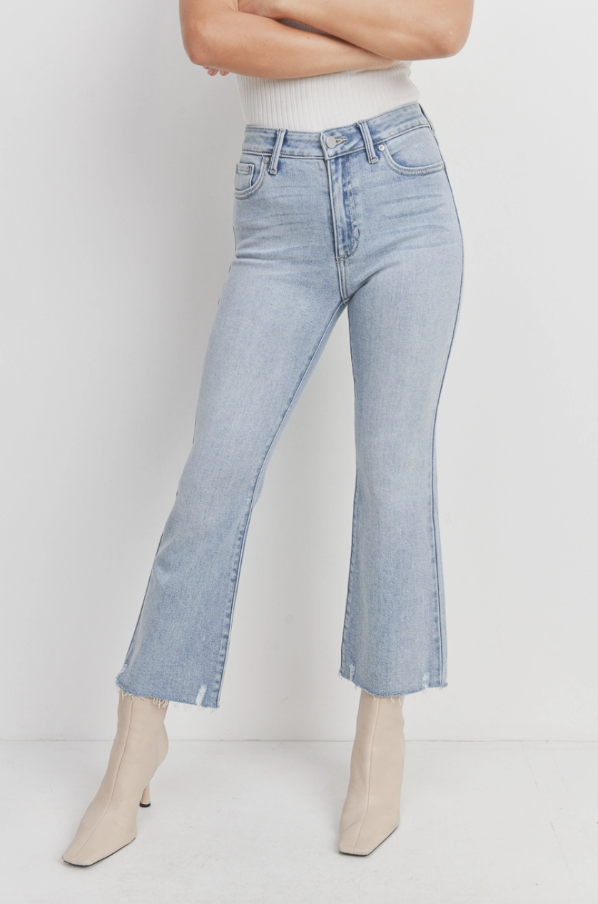 Just Black Denim High Rise Crop Flare w/ Distressed Hem Jean