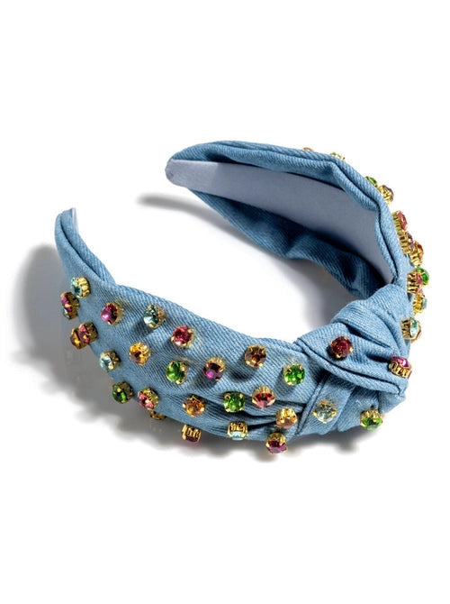 Embellished Denim Knotted Headband, Blue