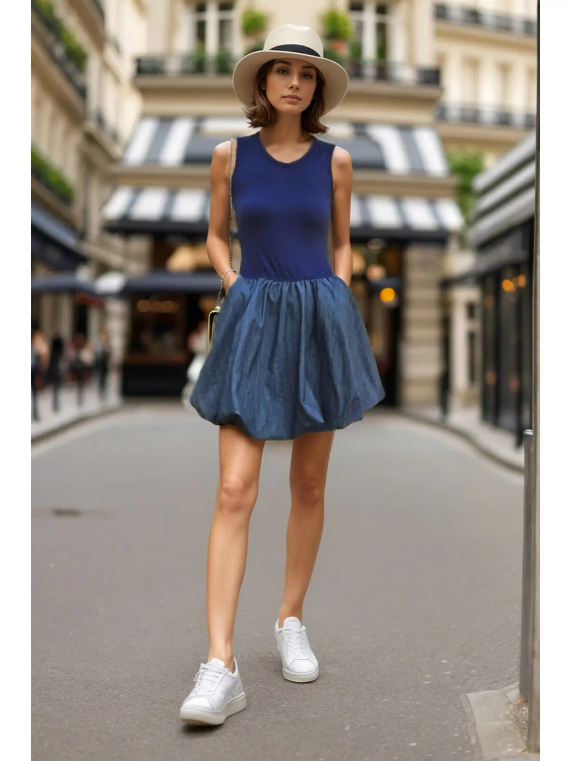Mimi Bubble Tank Dress (Navy Rib/ Denim)