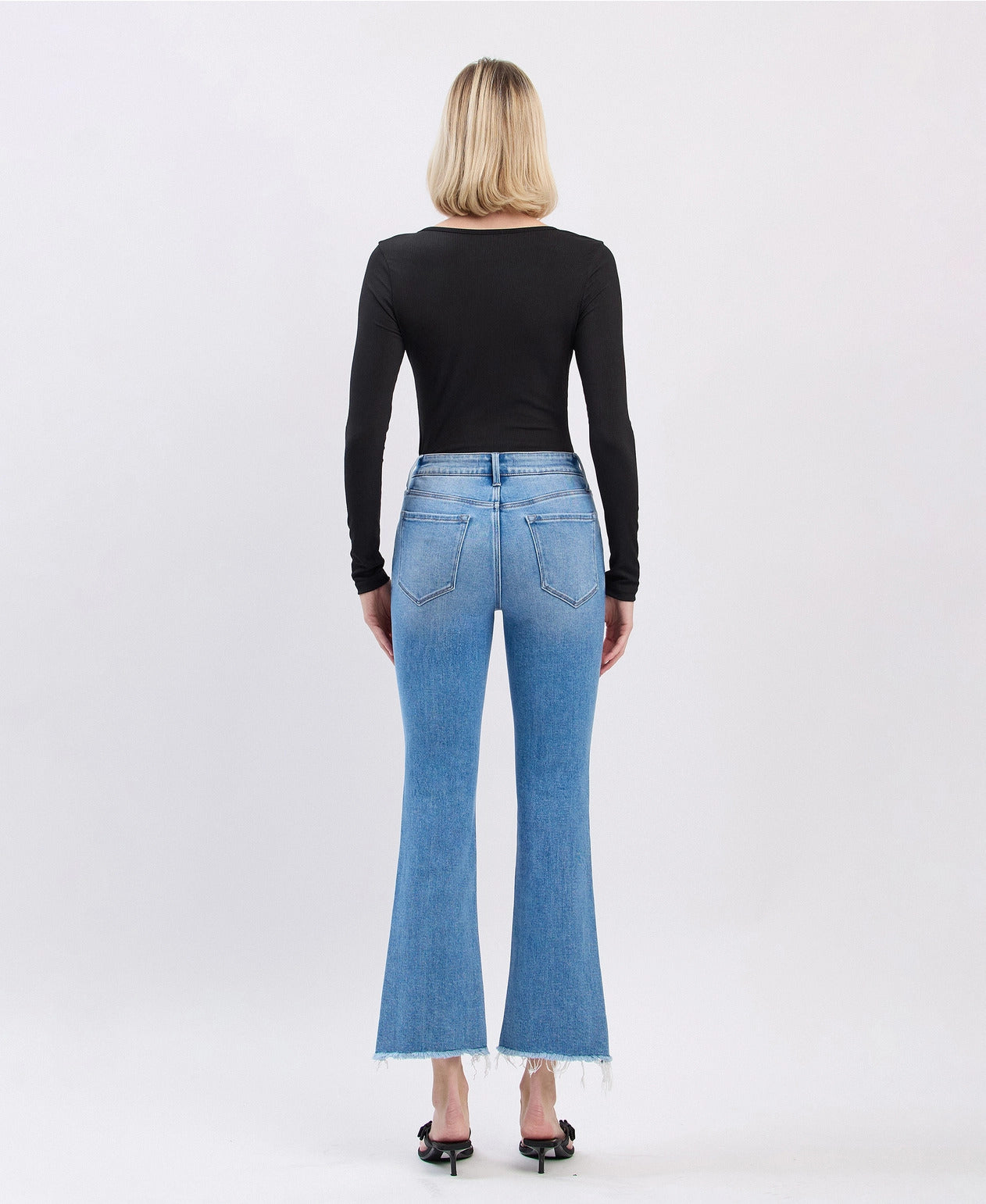 Flying Monkey High Rise Slant Raw Hem Crop Flare Jeans