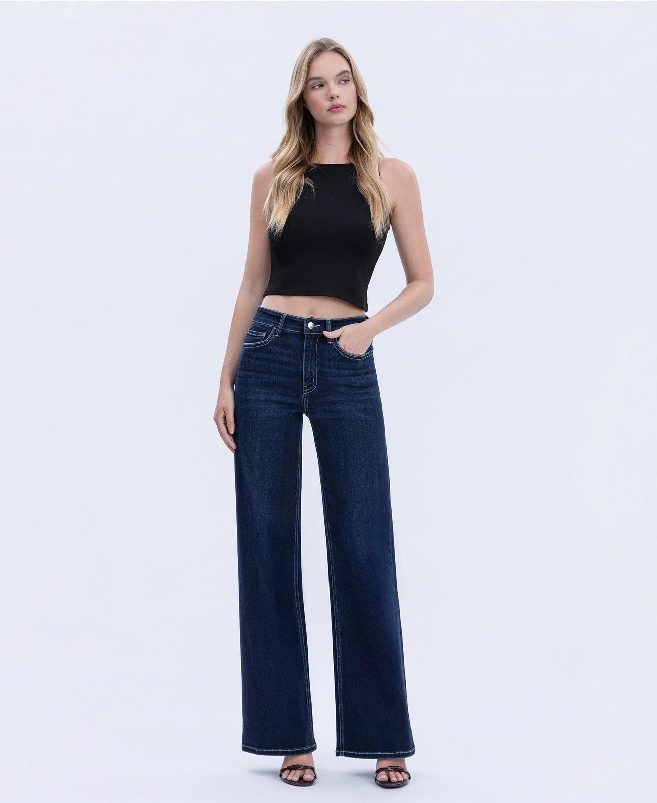 Flying Monkey High Rise Dark Wash Full Length Wide Jeans