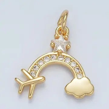24K Gold Filled Mini Airplane Rainbow Cloud Star Cz Micro Paved Charm