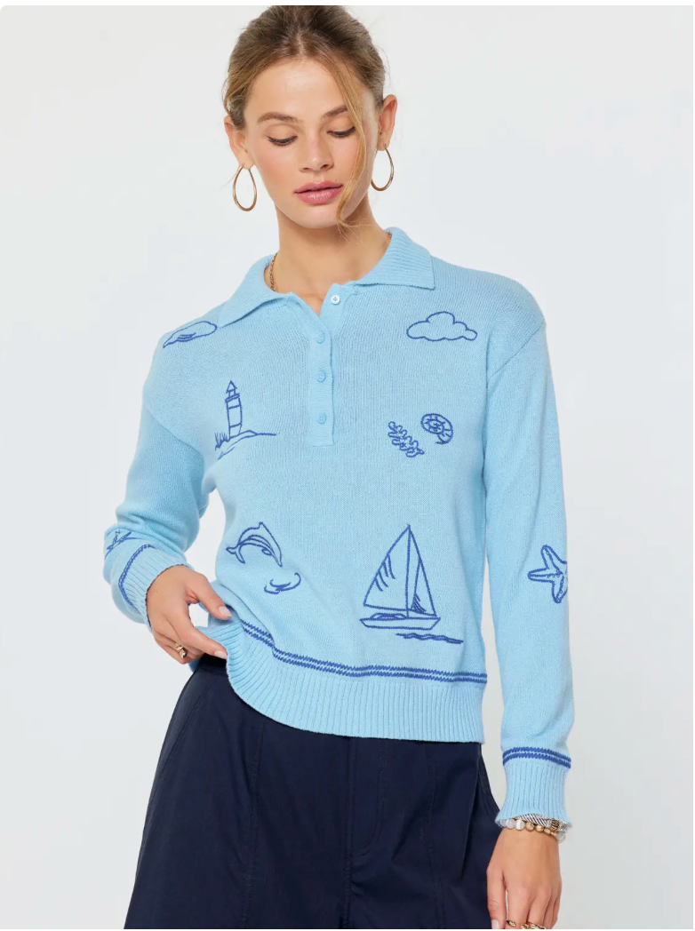 Current Air Nautical Embroidered Long-Sleeve Polo Sweater